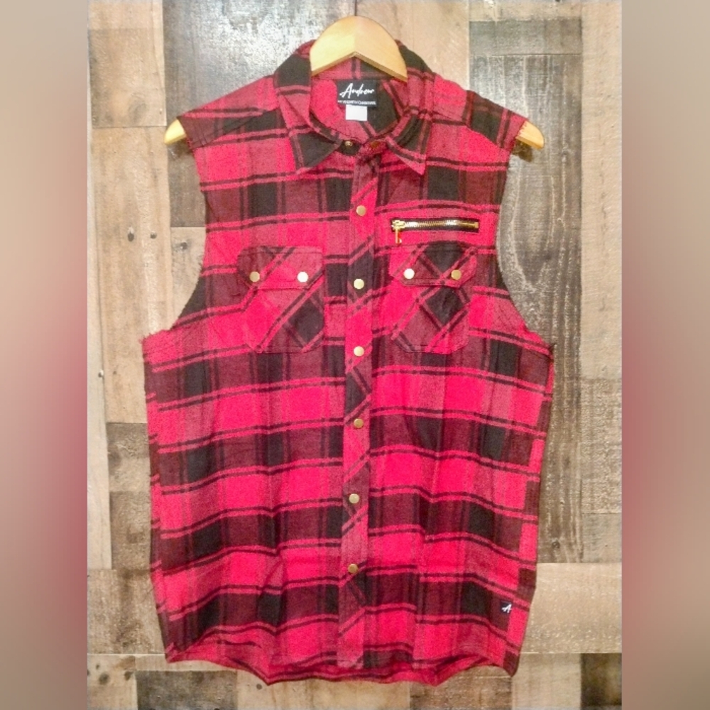 NWT Andrew By Andrew Christian Sleeveless Flannel Mens Shirt Size Large